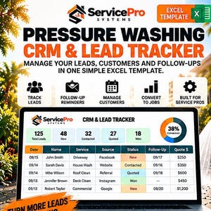 Pode incluir: Um modelo digital de Excel para CRM e rastreamento de leads de lavagem sob pressão exibido em uma tela de laptop. A interface mostra colunas para data, nome, serviço, fonte, status, acompanhamento e valores de cotação.