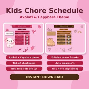 Op de afbeelding: Een digitaal takenoverzicht voor kinderen met een axolotl- en capybara-thema. De lay-out bevat twee checklists met takenlijsten, voortgangsbalken en selectievakjes. De tekst bevat Kids Chore Schedule, Axolotl & Capybara Theme, Checklist, Luna, 100%, All tasks complete, Ultimate skill achieved en diverse taakomschrijvingen.