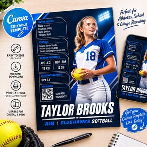 May include: A softball player profile template featuring a blue and white uniform, the name Taylor Brooks, number 18, and Blue Hawks Softball text. The layout includes sections for player stats, contact info, and a QR code for highlights.