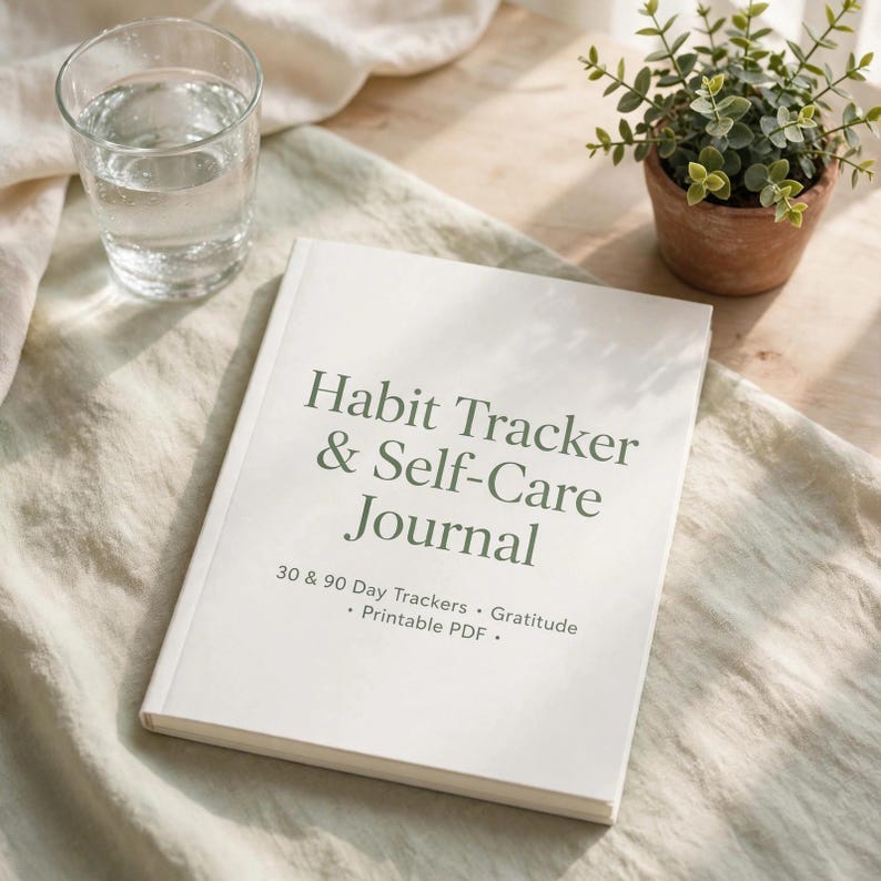 Pu&ograve; includere: Un diario bianco con il testo Habit Tracker & Self-Care Journal, 30 & 90 Day Trackers, Gratitude e Printable PDF stampato in verde scuro sulla copertina. Il diario &egrave; posizionato su una superficie in tessuto di colore chiaro.