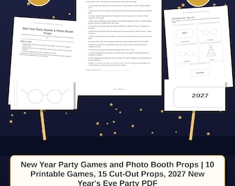 Silvester-Partyspiele und Foto-Requisiten | 10 Spiele zum Ausdrucken, 15 Requisiten zum Ausschneiden, PDF für die Silvesterparty 2027