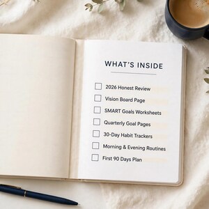 Op de afbeelding: Een open planner met een witte pagina met de titel WHAT'S INSIDE, voorzien van een checklist met secties: 2026 Honest Review, Vision Board Page, SMART Goals Worksheets, Quarterly Goal Pages, 30-Day Habit Trackers, Morning & Evening Routines en First 90 Days Plan.