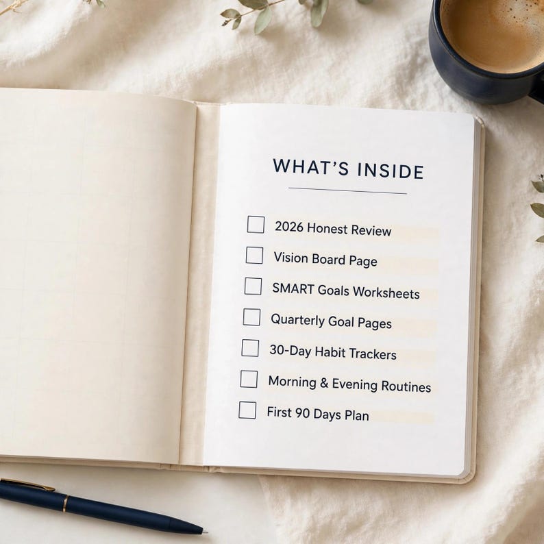 Op de afbeelding: Een open planner met een witte pagina met de titel WHAT'S INSIDE, voorzien van een checklist met secties: 2026 Honest Review, Vision Board Page, SMART Goals Worksheets, Quarterly Goal Pages, 30-Day Habit Trackers, Morning & Evening Routines en First 90 Days Plan.