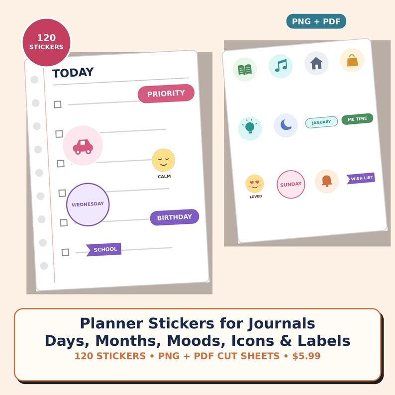 Op de afbeelding: Een digitale collectie van 120 plannerstickers voor dagboeken, met diverse iconen, labels en teksten zoals Today, Priority, Wednesday, Birthday, School, January, Me Time, Sunday, Loved en Wish List, aangeboden in PNG- en PDF-bestandsformaten.