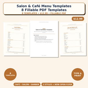 May include: A set of eight fillable PDF templates for salon and caf&eacute; menus. The document includes a caf&eacute; menu, a salon price list, and an instruction page. The text features headings for drinks, kitchen items, sweets, and salon services in a clean layout.