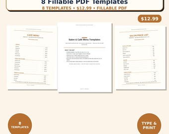 Speisekarten-Vorlagen für Salons und Cafés (ausfüllbare PDF-Dateien), Preislisten-Vorlagen für Friseursalons, Barbershops und Cafés