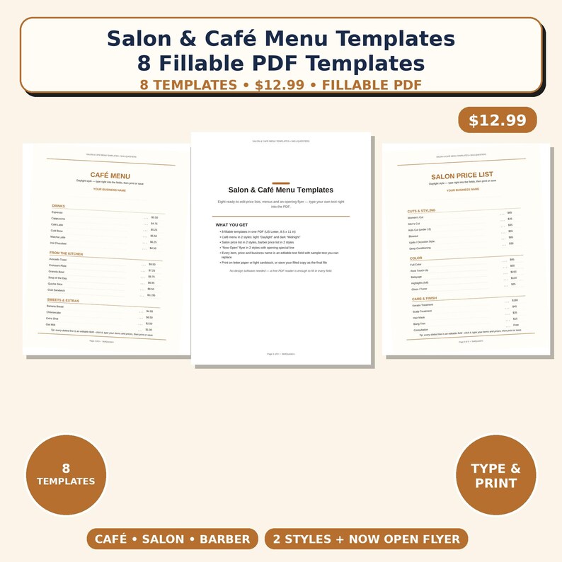 May include: A set of eight fillable PDF templates for salon and caf&eacute; menus. The document includes a caf&eacute; menu, a salon price list, and an instruction page. The text features headings for drinks, kitchen items, sweets, and salon services in a clean layout.