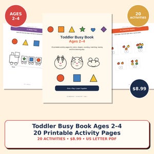 Op de afbeelding: Een printbaar activiteitenboek voor peuters van 2-4 jaar met 20 pagina's. De omslag toont kleurrijke vormen, dierengezichten en de tekst Toddler Busy Book Ages 2-4, 20 printable activity pages for colors, shapes, counting, matching, tracing and play.