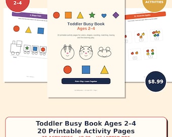 Beschäftigungsbuch für Kleinkinder von 2-4 Jahren | 20 druckbare Aktivitätsseiten | Farben, Formen, Zählen, Zuordnen, Nachzeichnen (PDF)