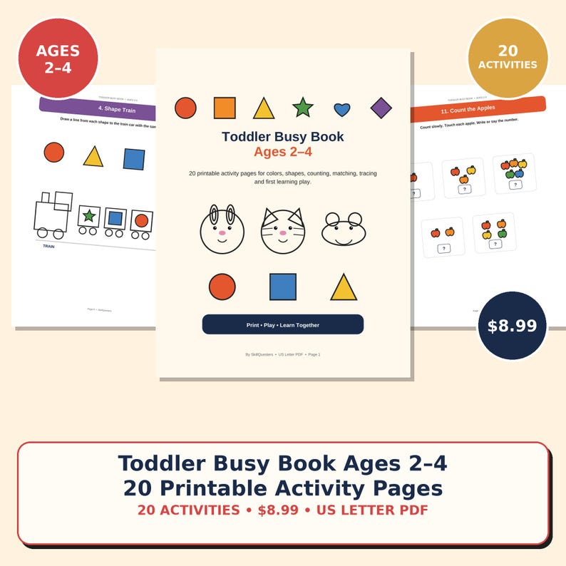 Op de afbeelding: Een printbaar activiteitenboek voor peuters van 2-4 jaar met 20 pagina's. De omslag toont kleurrijke vormen, dierengezichten en de tekst Toddler Busy Book Ages 2-4, 20 printable activity pages for colors, shapes, counting, matching, tracing and play.