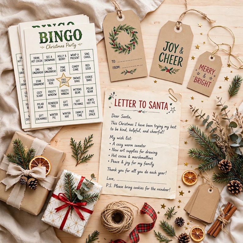 May include: A Christmas party bingo game set, a Letter to Santa template, and kraft paper gift tags with holiday illustrations. The bingo cards feature a grid with festive prompts. The letter includes lines for a wish list. Includes wrapped gifts.