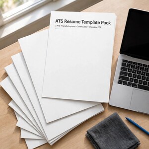 Może przedstawiać: Stos białych dokument&oacute;w papierowych z tekstem ATS Resume Template Pack, 3 ATS-Friendly Layouts, Cover Letter, Printable PDF. Dokumenty znajdują się obok laptopa, niebieskiego długopisu i złożonej szarej ściereczki.