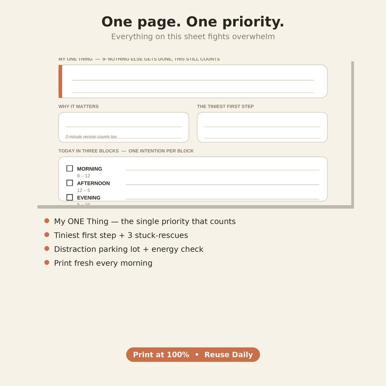 Pode incluir: Uma folha de planeamento di&aacute;rio com o texto One page. One priority. Inclui sec&ccedil;&otilde;es para My ONE Thing, Why it matters, The tiniest first step e Today in three blocks para Morning, Afternoon e Evening, com listas de tarefas.