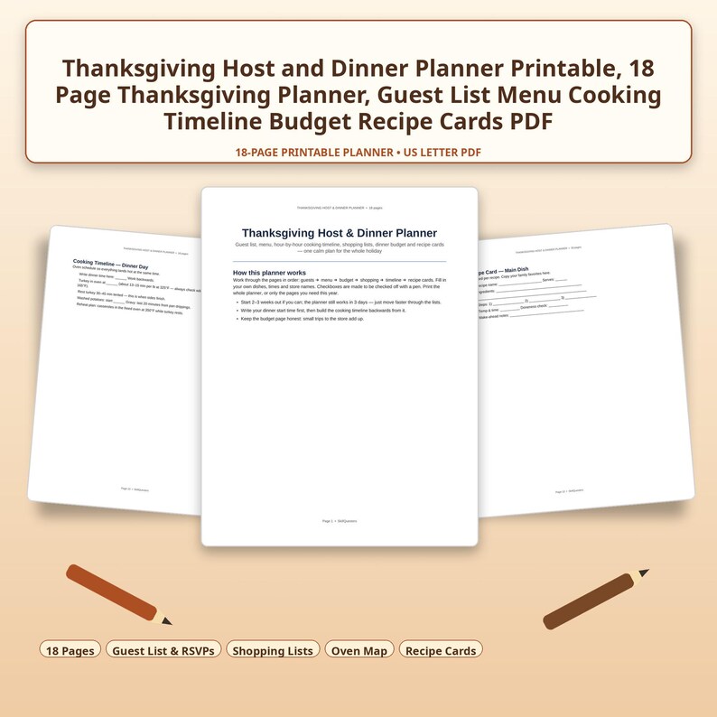 May include: An 18-page Thanksgiving host and dinner planner printable in US Letter PDF format. The document includes sections for a guest list, menu, cooking timeline, budget, and recipe cards, featuring black text on white paper sheets.