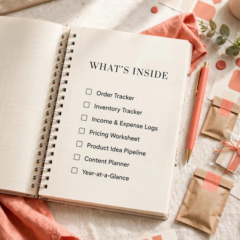 May include: An open spiral-bound planner with a white page featuring the black text WHAT'S INSIDE followed by a checklist of sections including Order Tracker, Inventory Tracker, Income & Expense Logs, Pricing Worksheet, Product Idea Pipeline, Content Planner, and Year-at-a-Glance.