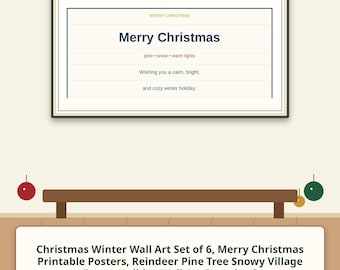 Weihnachtliches Winter-Wandbild-Set (6-teilig), druckbare Weihnachtsposter, Rentier-, Kiefern- und Schneedorf-Dekoration, weihnachtliche Wandbilder zum Download