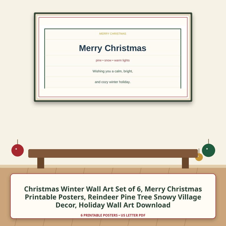 Puede incluir: Una l&aacute;mina de arte mural rectangular con el texto Merry Christmas en azul oscuro, las palabras pine, snow, warm lights y la frase Wishing you a calm, bright, and cozy winter holiday. El dise&ntilde;o est&aacute; enmarcado por finas l&iacute;neas verde oscuro.