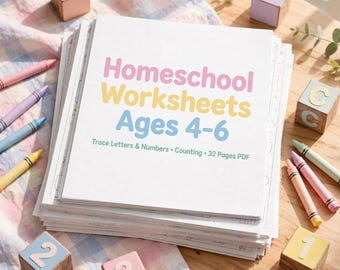 Arbeitsblätter für den Heimunterricht (4-6 Jahre) zum Ausdrucken | Buchstaben und Zahlen nachzeichnen, bis 20 zählen, Formen, Zuordnen, erste Wörter, Labyrinthe | 32 Seiten (PDF)