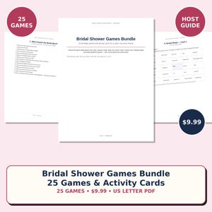 Op de afbeelding: Een printbare set met 25 bruidsdouchespellen en activiteitenkaarten, inclusief een gastheergids. De documenten zijn opgemaakt als US Letter PDF's en bevatten tekst zoals Bridal Shower Games Bundle, Who Knows the Bride Best en Bridal Bingo.