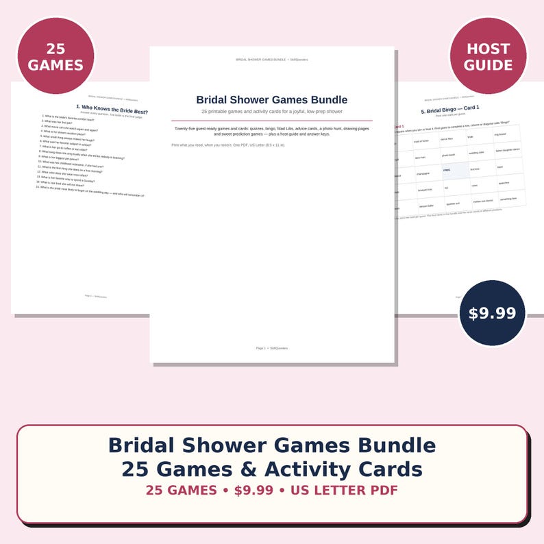 Op de afbeelding: Een printbare set met 25 bruidsdouchespellen en activiteitenkaarten, inclusief een gastheergids. De documenten zijn opgemaakt als US Letter PDF's en bevatten tekst zoals Bridal Shower Games Bundle, Who Knows the Bride Best en Bridal Bingo.