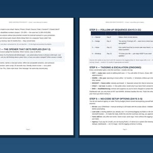 May include: A two-page business document titled Lead Reactivation Kit. The text outlines a follow-up sequence, tagging, and escalation process for leads, including steps for openers, status checks, and no-code setup options for automated systems.