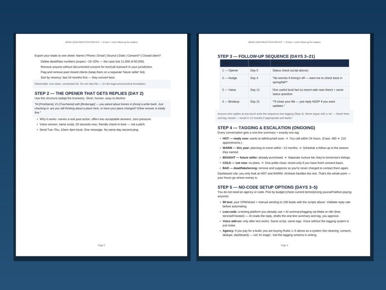 May include: A two-page business document titled Lead Reactivation Kit. The text outlines a follow-up sequence, tagging, and escalation process for leads, including steps for openers, status checks, and no-code setup options for automated systems.