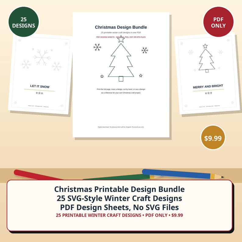 Puede incluir: Un paquete de dise&ntilde;os navide&ntilde;os con 25 motivos de manualidades de invierno imprimibles en un solo PDF. Las hojas muestran dibujos lineales de &aacute;rboles de Navidad, copos de nieve y estrellas con el texto "LET IT SNOW" y "MERRY AND BRIGHT".