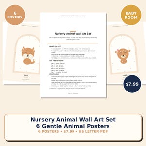 K&ouml;nnte beinhalten: Ein digitales Wandkunst-Set mit sechs Tierpostern f&uuml;r Kinderzimmer, darunter Illustrationen von Fuchs und Reh. Das Dokument enth&auml;lt eine Druckanleitung, eine Liste der enthaltenen Motive und Hinweise f&uuml;r das US-Letter-Format.