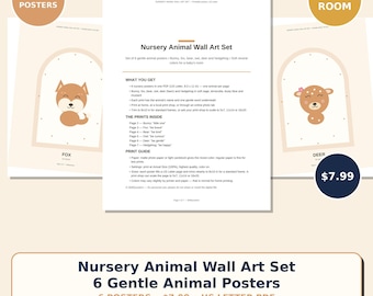 6 druckbare Poster mit Tiermotiven fürs Kinderzimmer: Hase, Fuchs, Bär, Eule, Reh, Igel, neutrale Babyzimmerdekoration (PDF)