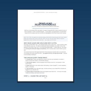May include: A white document titled Dead Lead Reactivation Kit, featuring text about AI-driven lead follow-up strategies. The page outlines the benefits of re-contacting old leads, explains why AI fits this process, and lists five rules for implementation.