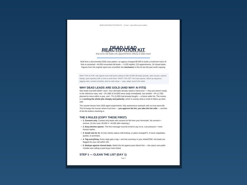 May include: A white document titled Dead Lead Reactivation Kit, featuring text about AI-driven lead follow-up strategies. The page outlines the benefits of re-contacting old leads, explains why AI fits this process, and lists five rules for implementation.