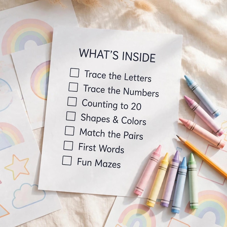 May include: A white activity sheet with the heading WHAT'S INSIDE followed by a checklist of educational tasks including Trace the Letters, Trace the Numbers, Counting to 20, Shapes & Colors, Match the Pairs, First Words, and Fun Mazes.