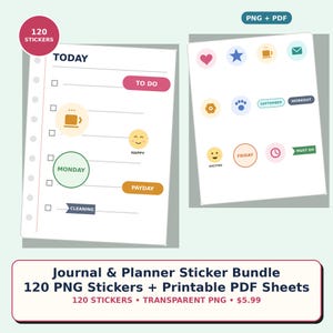 Op de afbeelding: Een digitale journal- en plannerstickerbundel met 120 stickers in PNG- en PDF-formaat. De vellen tonen diverse kleurrijke iconen, waaronder een hart, ster, koffiekopje, envelop, pootafdruk, klok en tekstlabels zoals TO DO, MONDAY en PAYDAY.