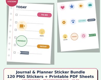 Sticker-Set für Journalplaner | 120 transparente PNG-Sticker + druckbare PDF-Vorlagen, Symbole für Tage, Monate und Stimmungen
