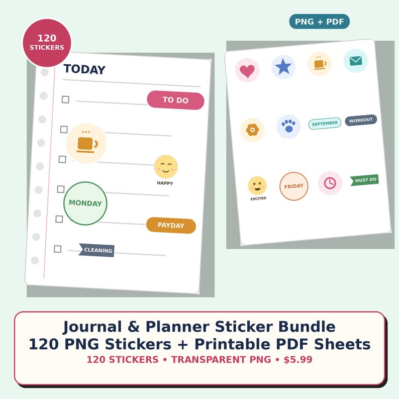 Op de afbeelding: Een digitale journal- en plannerstickerbundel met 120 stickers in PNG- en PDF-formaat. De vellen tonen diverse kleurrijke iconen, waaronder een hart, ster, koffiekopje, envelop, pootafdruk, klok en tekstlabels zoals TO DO, MONDAY en PAYDAY.