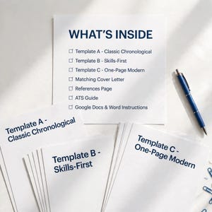 Może przedstawiać: Biały dokument zatytułowany WHAT'S INSIDE, zawierający listę Template A - Classic Chronological, Template B - Skills-First, Template C - One-Page Modern, Matching Cover Letter, References Page, ATS Guide oraz Google Docs & Word Instructions z niebieskim długopisem.