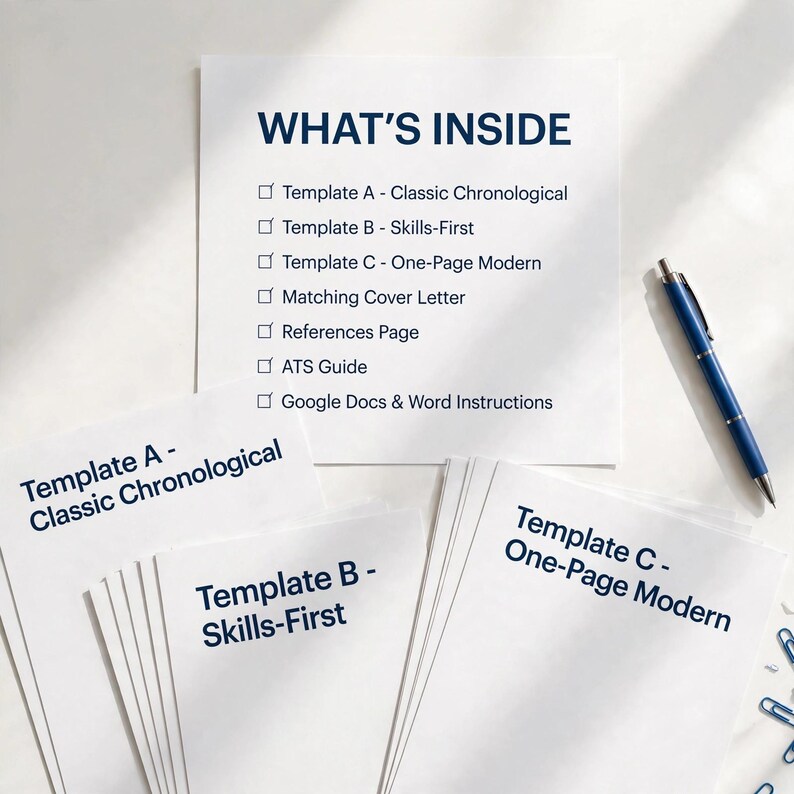 Może przedstawiać: Biały dokument zatytułowany WHAT'S INSIDE, zawierający listę Template A - Classic Chronological, Template B - Skills-First, Template C - One-Page Modern, Matching Cover Letter, References Page, ATS Guide oraz Google Docs & Word Instructions z niebieskim długopisem.