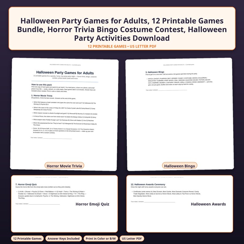 Op de afbeelding: Een bundel van 12 printbare Halloween-gezelschapsspellen voor volwassenen in PDF-formaat. De documenten bevatten horrorfilm-trivia, Halloween-bingo, een horror-emoji-quiz en een Halloween-prijsuitreiking met instructies.