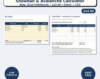 Schuldenabbau-Tabelle (Excel) | Schneeball-Lawinen-Rechner | Schulden-Tracker | Budgetplaner | Spar-Challenge