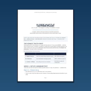 Handlingsplan för AI Side Hustle, 30-dagars AI-affärsplanerare i PDF-format, guide för tjäna pengar med AI-agenter, checklista för Side Hustle som kan skrivas ut bild 1