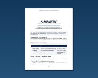 May include: A white document titled AI SIDE HUSTLE ACTION PLAN with black text detailing a 30-day guide to first income using AI tools. The page includes sections on the honest truth, a comparison table for digital products, AI services, and affiliate content.