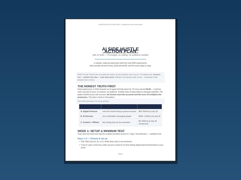 Handlingsplan för AI Side Hustle, 30-dagars AI-affärsplanerare i PDF-format, guide för tjäna pengar med AI-agenter, checklista för Side Hustle som kan skrivas ut bild 1