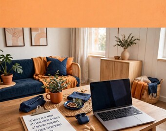 May include: A wooden table holds a laptop, a clipboard with a checklist reading WIFI & KEYS READY, CLEAN LINENS & TOWELS, RESTOCK TOILETRIES, CHECK LOCKS/DOORS, FINAL TIDY, a blue pencil case, a small blue bowl with dried fruit, and blue earbuds.