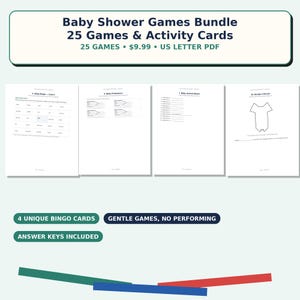 May include: A digital bundle of baby shower games and activity cards featuring 25 printable sheets in US Letter PDF format. The collection includes bingo cards, prediction sheets, animal matching games, and a onesie design activity with answer keys.