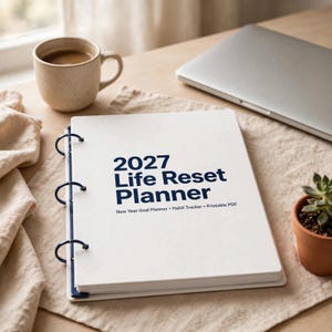 Op de afbeelding: Een witte planner met donkerblauwe tekst die 2027 Life Reset Planner, New Year Goal Planner, Habit Tracker, Printable PDF leest. De planner is aan de linkerkant ingebonden met drie donkerblauwe metalen ringen en heeft een strak ontwerp.