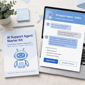 May include: A printed guide titled AI Support Agent Starter Kit with a blue robot illustration, displayed next to a laptop screen showing an AI Support Agent Online customer support dashboard with chat bubbles and suggested action buttons.