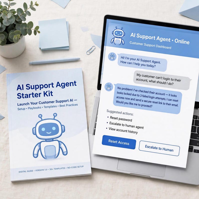 May include: A printed guide titled AI Support Agent Starter Kit with a blue robot illustration, displayed next to a laptop screen showing an AI Support Agent Online customer support dashboard with chat bubbles and suggested action buttons.