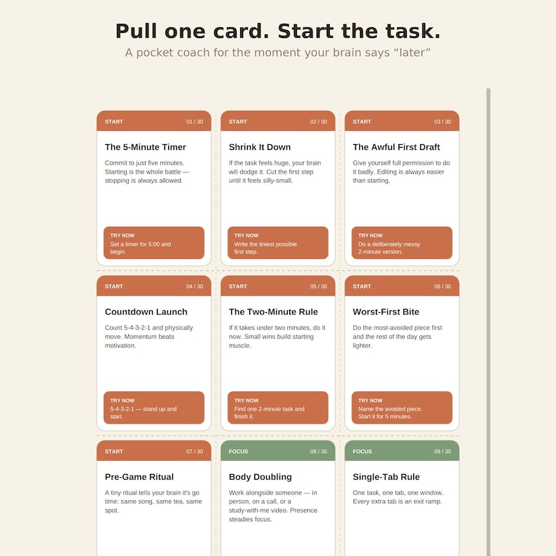ADHD Task Initiation Cards, 30 Printable Prompt Cards for Adults, Executive Function Deck, ADHD Coping Skills Tool PDF image 1