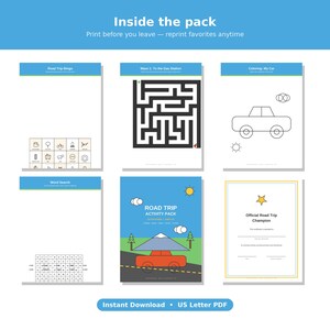 May include: A digital road trip activity pack containing six printable pages: Road Trip Bingo, a maze titled To the Gas Station, a car coloring page, a word search, a cover page with a car graphic, and an Official Road Trip Champion certificate.