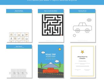 Puede incluir: Un paquete digital de actividades para viajes por carretera con seis páginas imprimibles: Road Trip Bingo, un laberinto titulado To the Gas Station, una página para colorear, una sopa de letras, una portada con un coche y un certificado oficial.